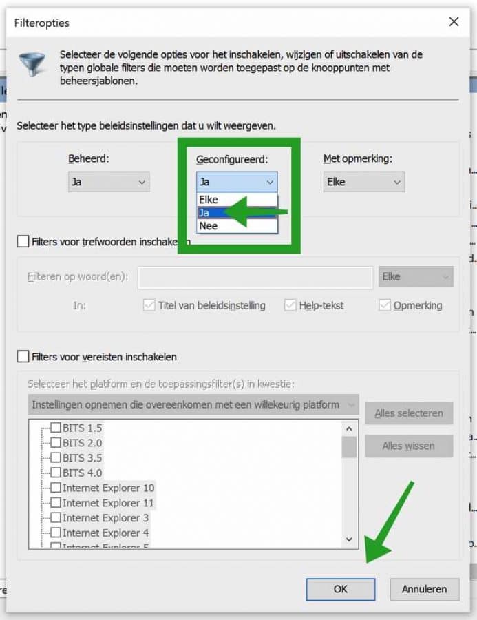 Filteropties aanpassen in beleideditor