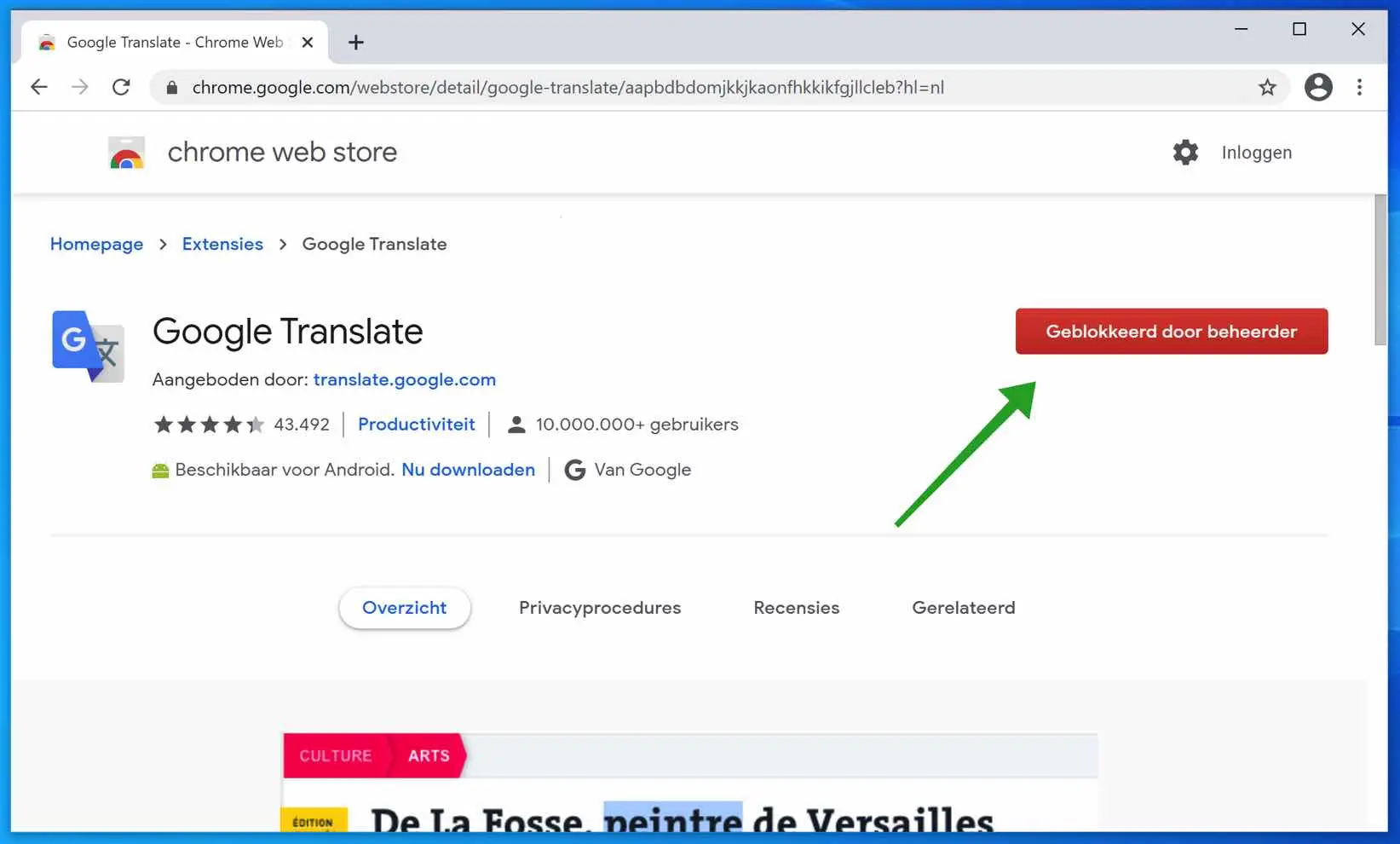 Geblokkeerd door beheerder in Google chrome extensies