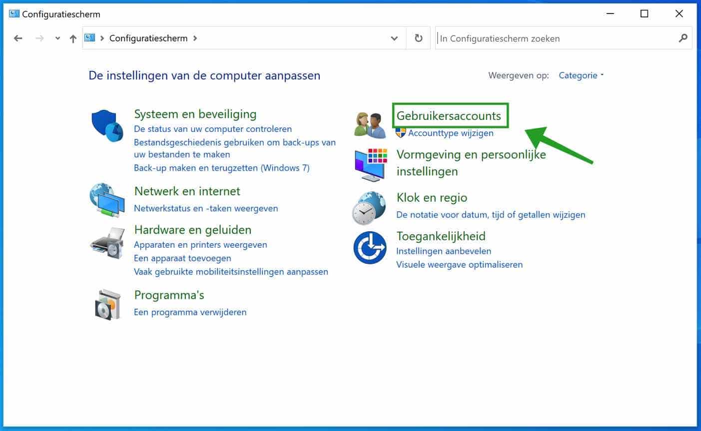 Gebruikersaccounts configuratiescherm