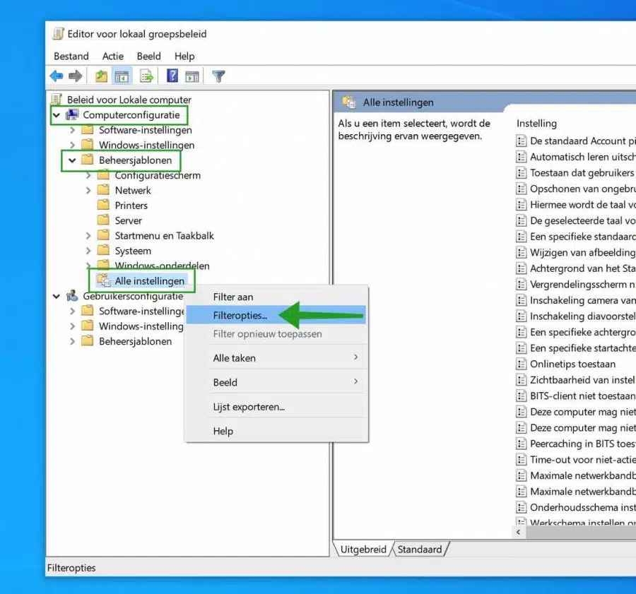 Groepsbeleid editor filteropties