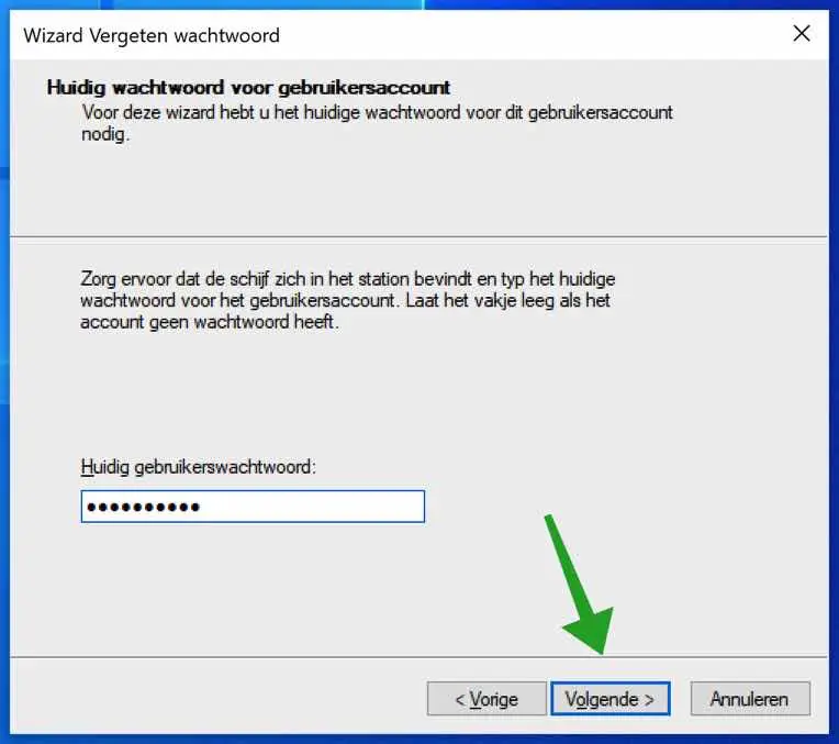 Huidig wachtwoord ingeven voor windows wachtwoord herstelschijf