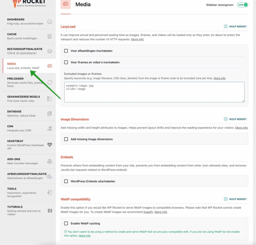 Media instellingen in WP-Rocket