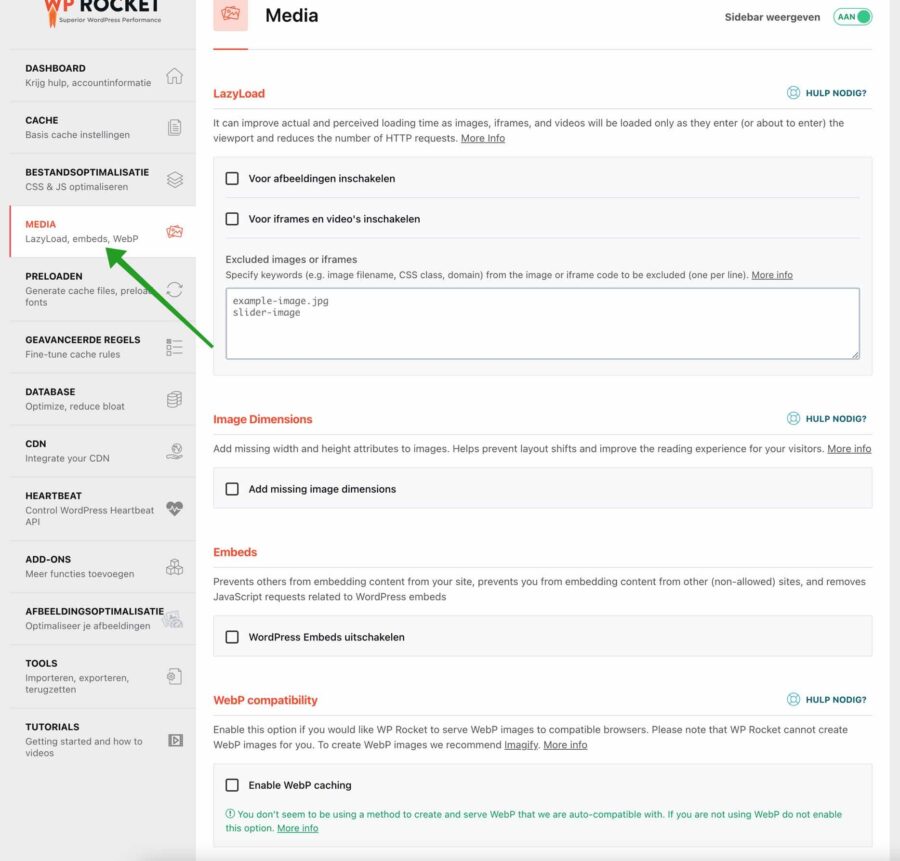 Media instellingen in WP-Rocket