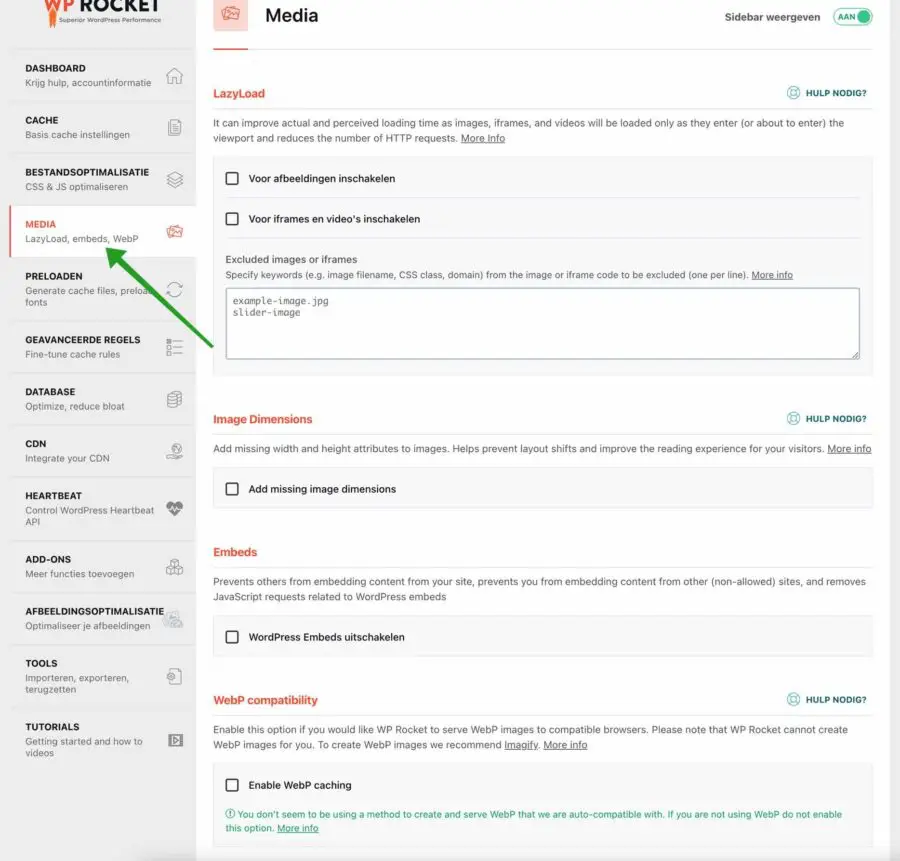 Media instellingen in WP-Rocket