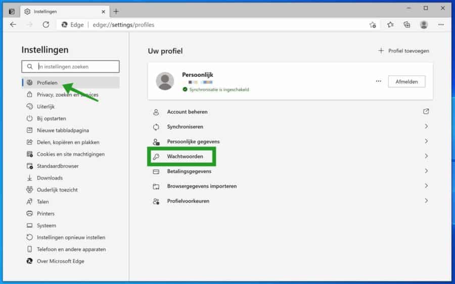 Configurações de senhas do Microsoft Edge