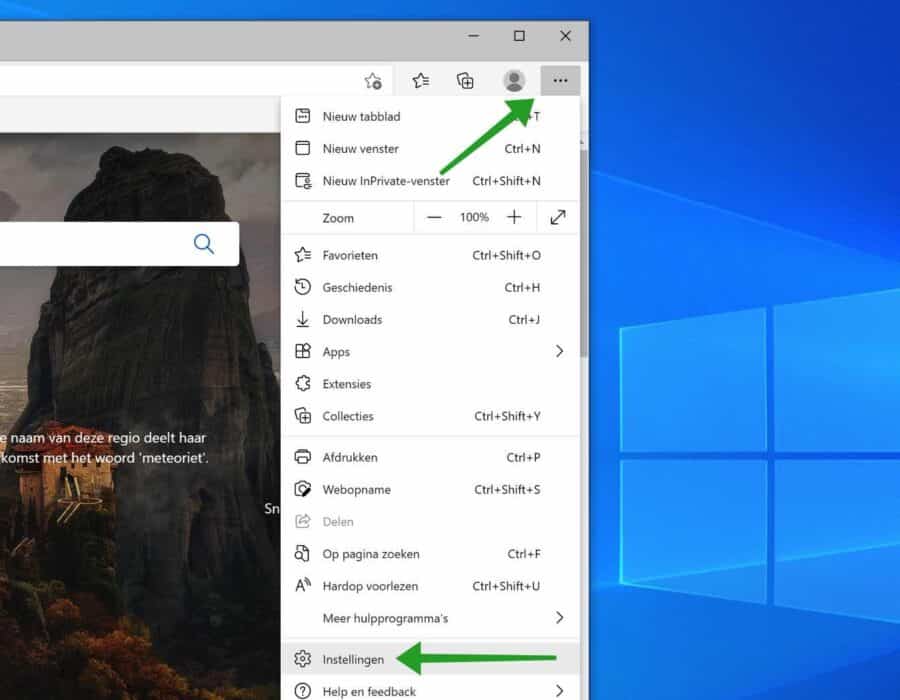 Menu de configurações do Microsoft Edge