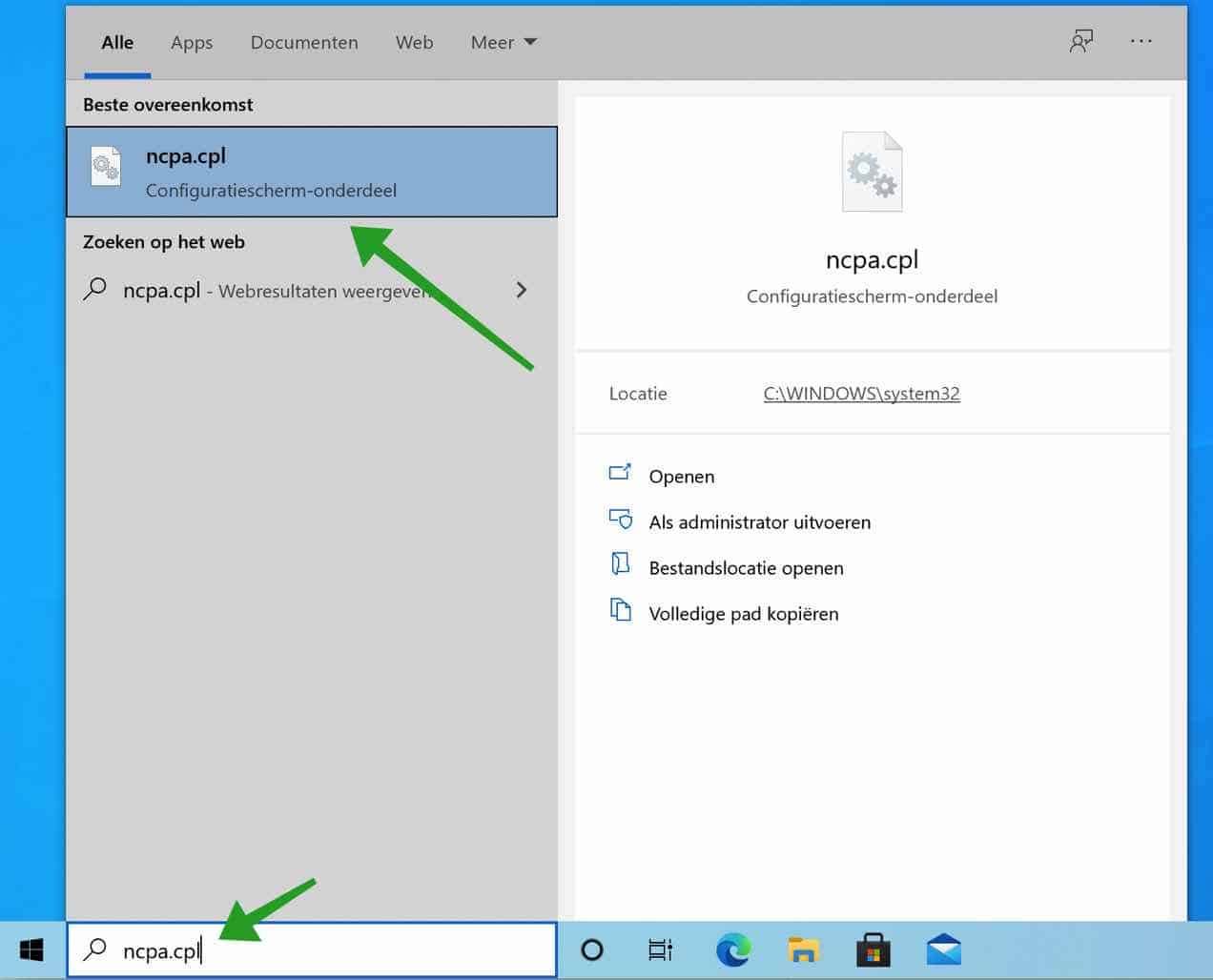 NCPA.cpl openen in Windows 10