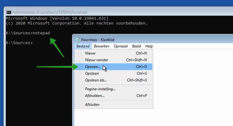 Notepad openen in Computer herstellen opties