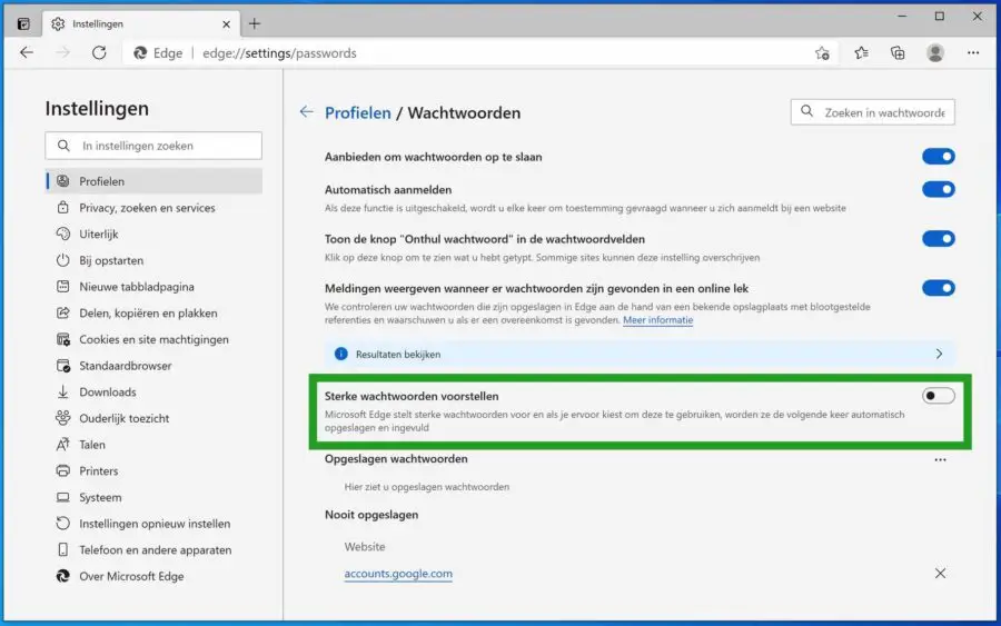 Sterke wachtwoorden voorstellen uitschakelen in Microsoft Edge