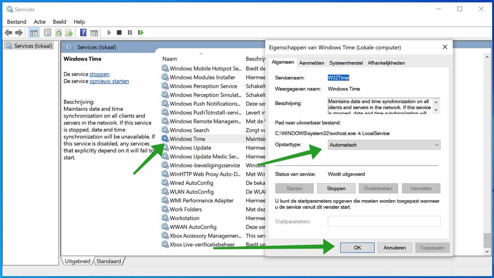 W32Time service instellen op automatisch