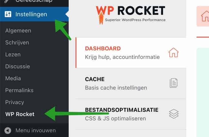 WP-Rocket instellingen openen