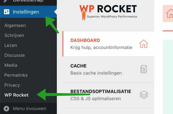 WP-Rocket instellingen openen