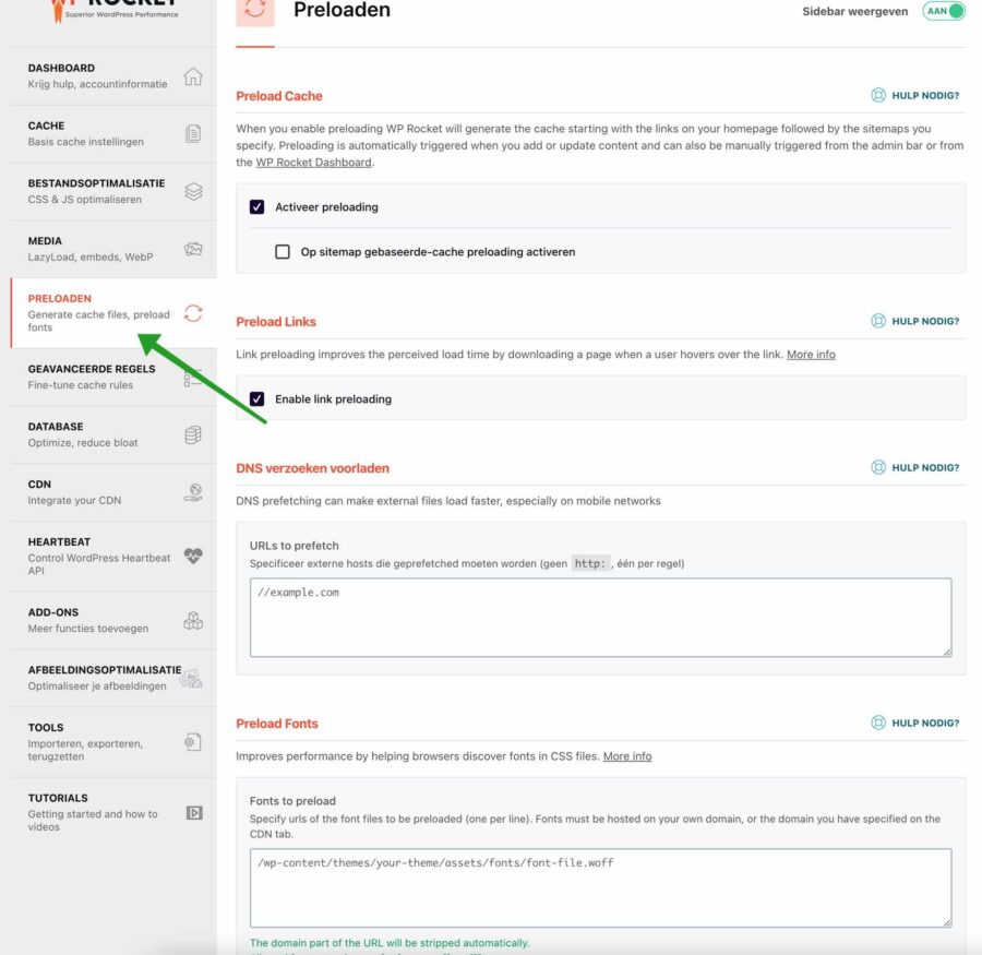 WP-Rocket preload instellingen