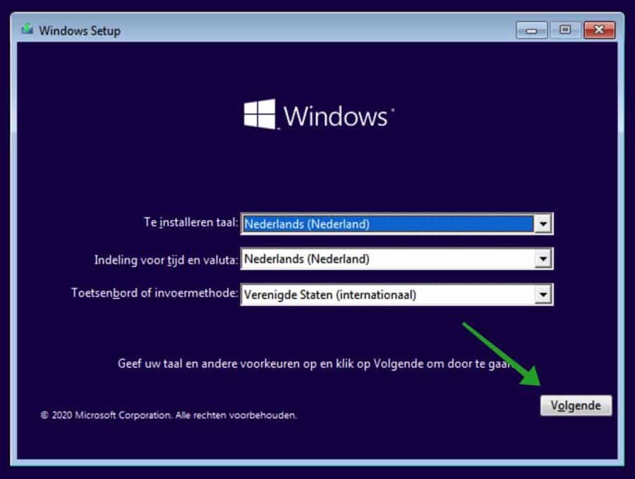 Windows installatie scherm