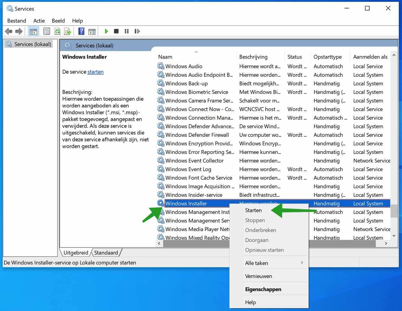 Démarrez le service d'installation de Windows