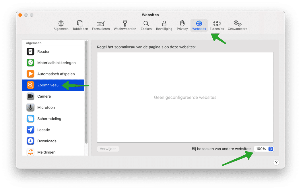Zoomniveau wijzigen in safari voor alle websites