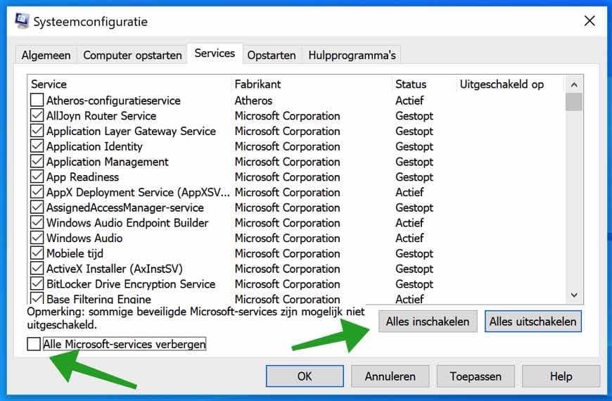 alle services in windows inschakelen