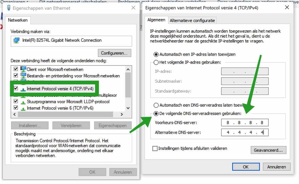 alternatieve dns instellen in windows 10