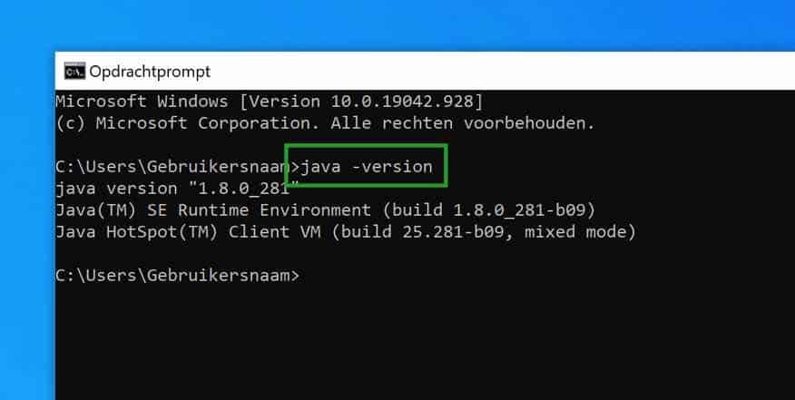 java version opzoeken in opdrachtprompt
