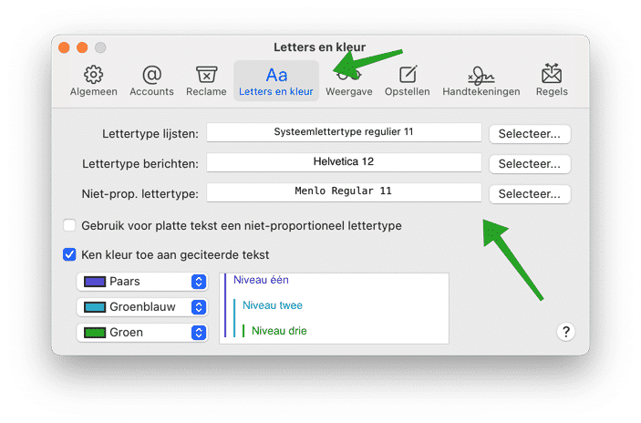 cambiar la fuente y el tamaño de fuente en la aplicación de correo mac