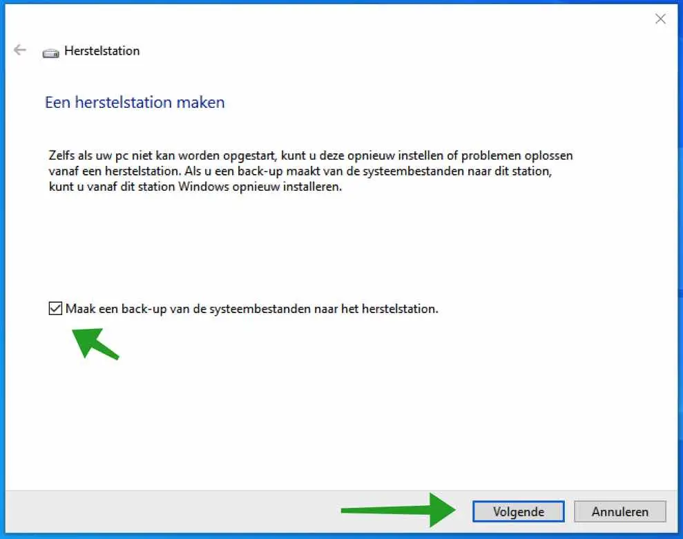 maak back-up van systeembestanden naar herstelstation