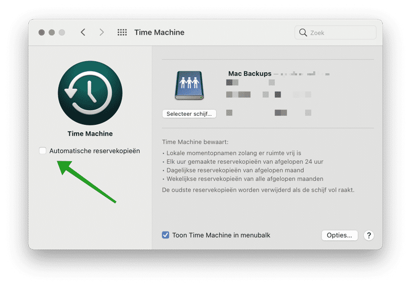 Automatische timemachine backups uitschakelen