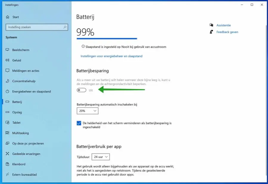 Batterij besparen in Windows 10 met batterijbesparing instellingen