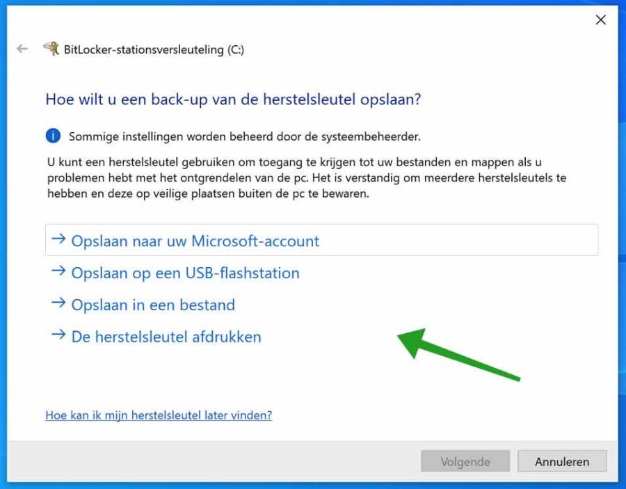 Bitlocker herstelsleutel opslaan