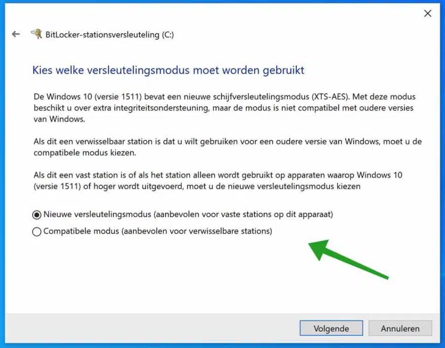 Bitlocker versleutelmodus instellen
