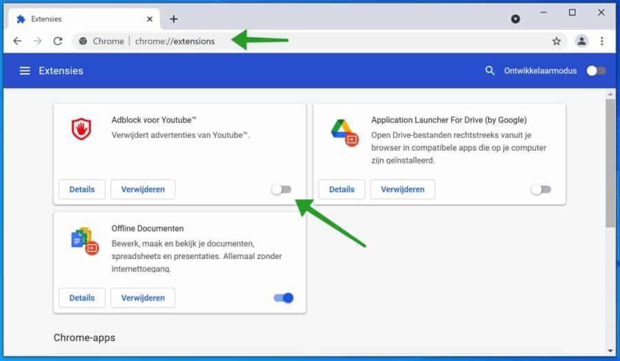 Extensies uitschakelen in Google chrome