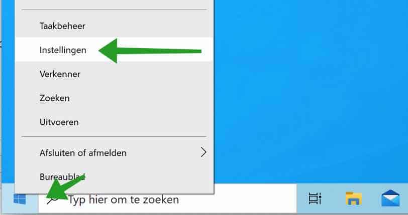 Instellingen in het Windows start menu