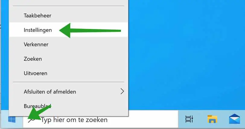 Instellingen in het Windows start menu
