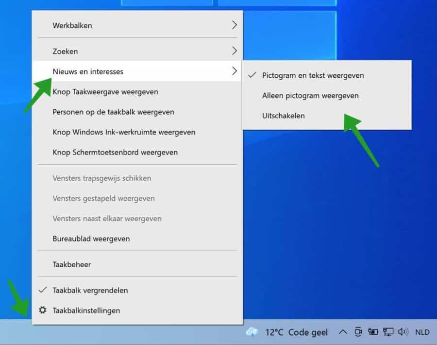 Nieuws en interesses taakbalk instellingen wijzigen