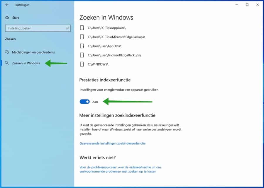 Prestaties indexeerfunctie in- of uitschakelen