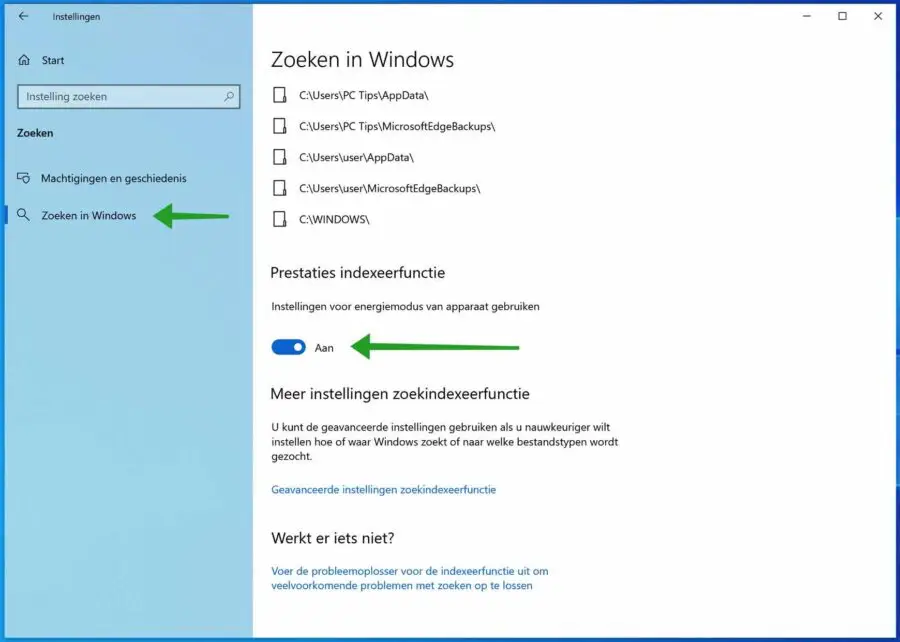 Prestaties indexeerfunctie in- of uitschakelen