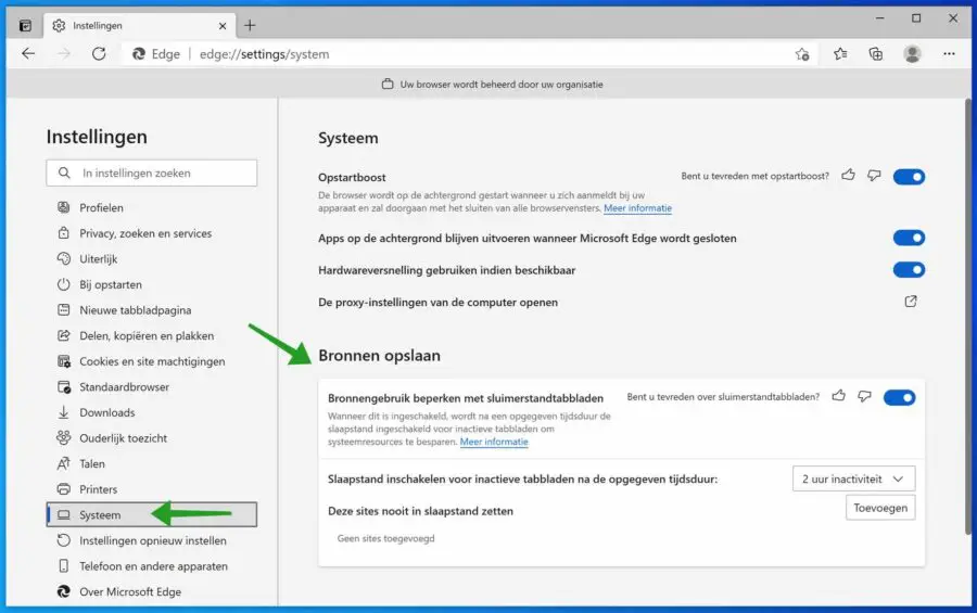 Sleeping tabs inschakelen in microsoft edge