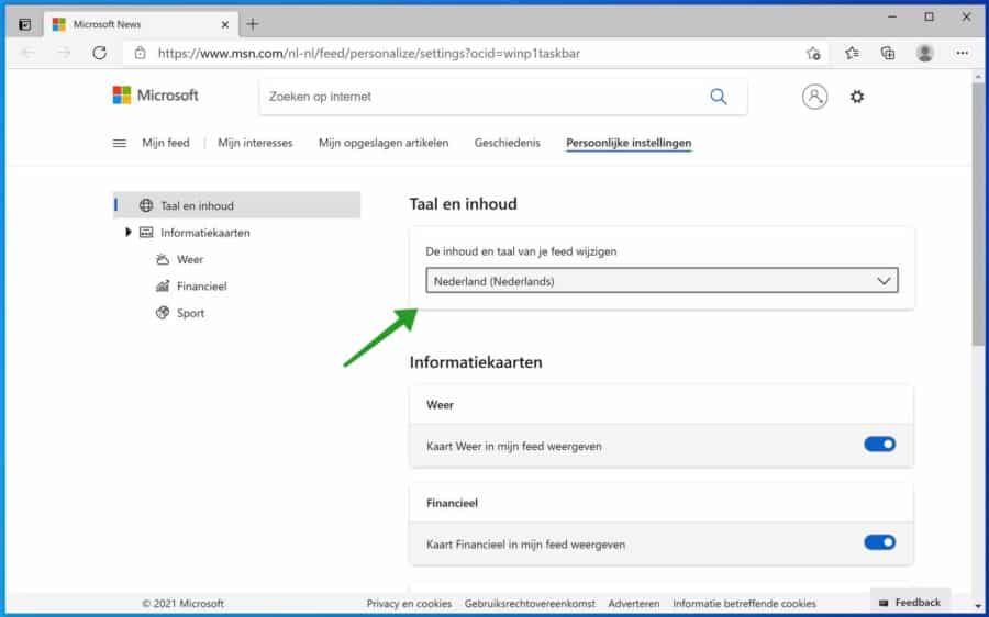 Taal wijzigen van Nieuws en interesses