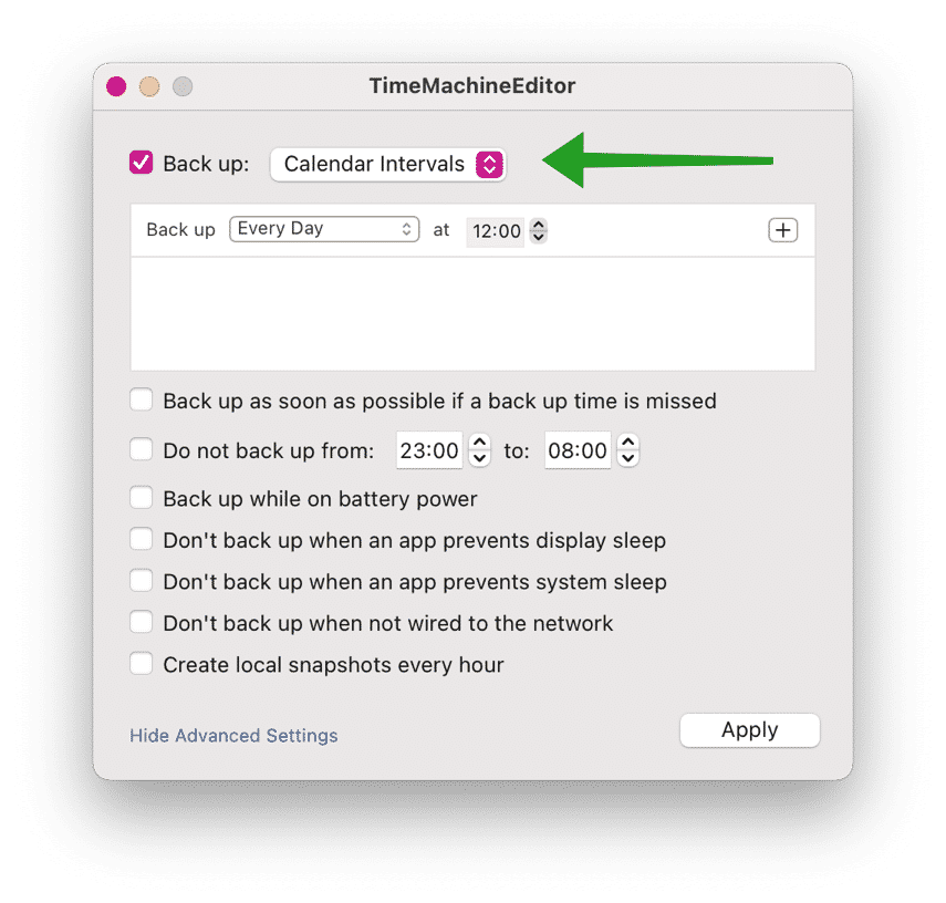 Paramètres des intervalles du calendrier TimeMachineEditor