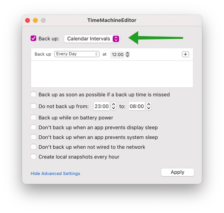 TimeMachineEditor calendar intervals instellingen