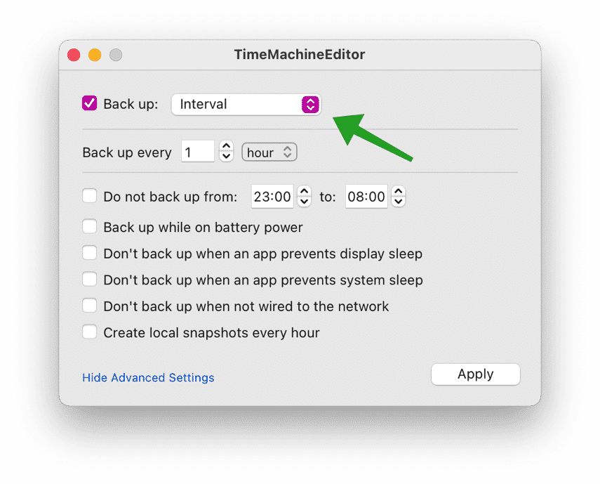 Configuración de intervalos de TimeMachineEditor