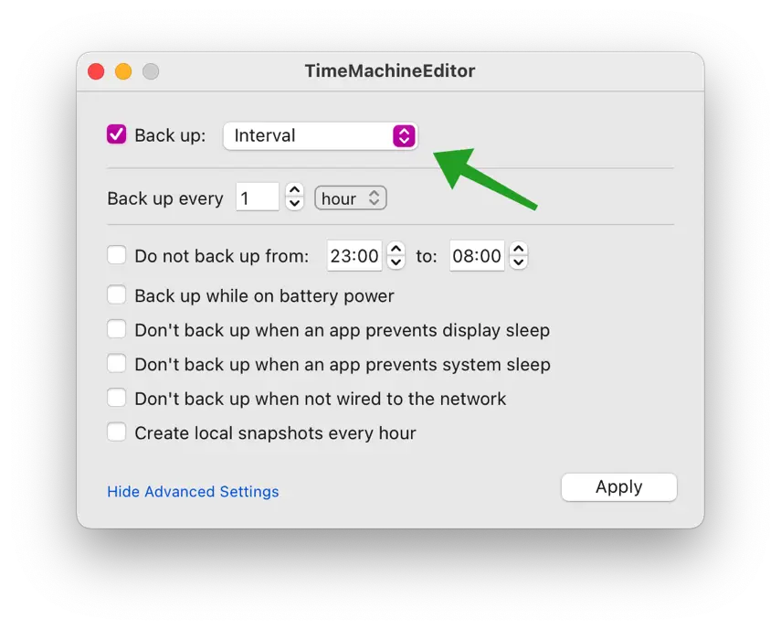 TimeMachineEditor interval instellingen