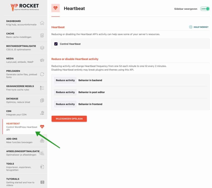 WP-Rocket Heartbeat instellingen