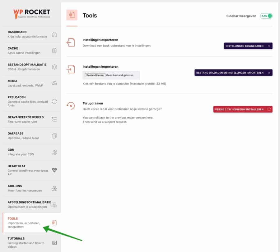 WP-Rocket tools instellingen
