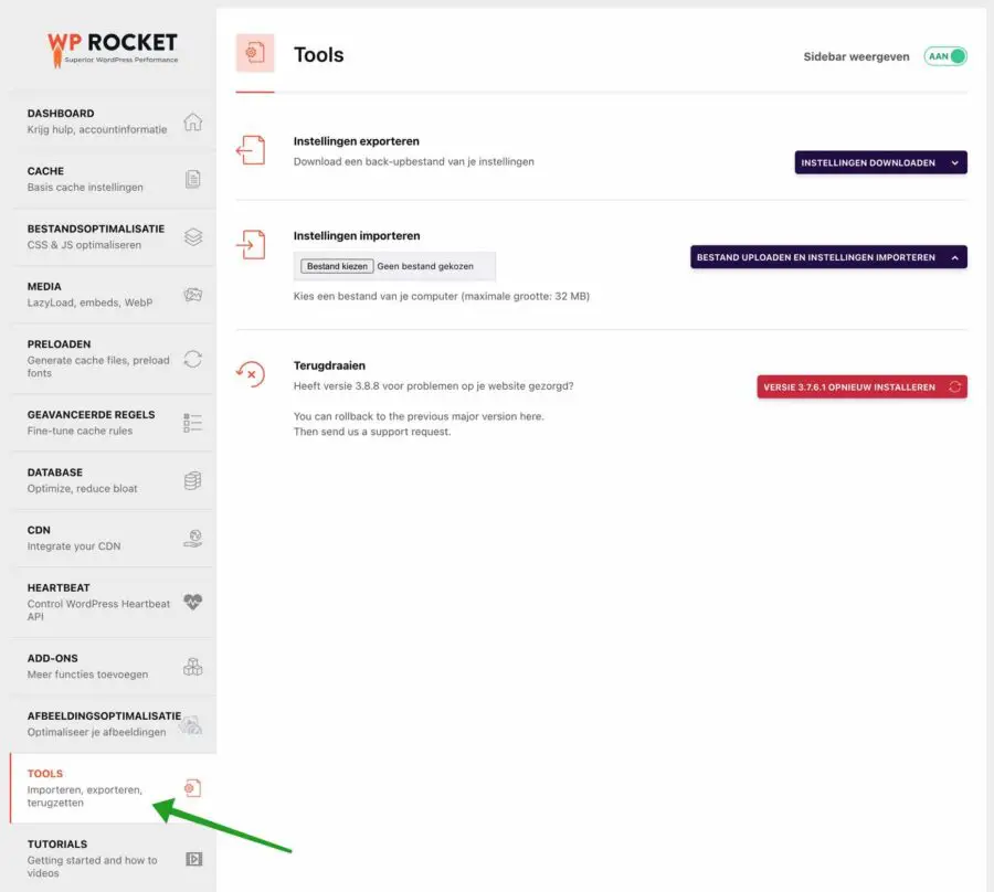 WP-Rocket tools instellingen