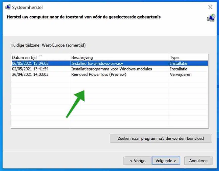Windows herstelpunt inzien