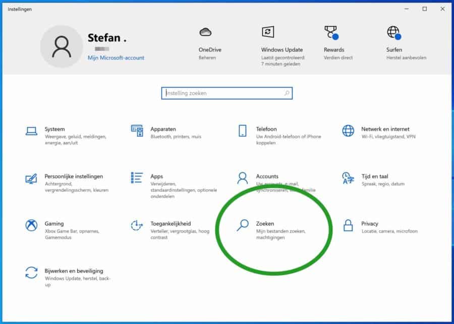 Zoek instellingen in Windows