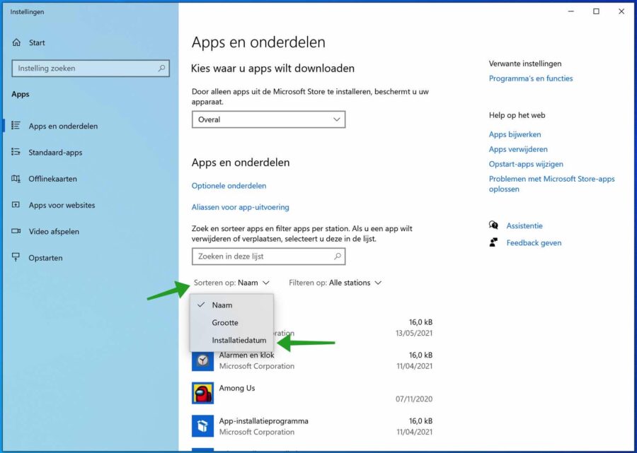 apps sorteren op installatiedatum