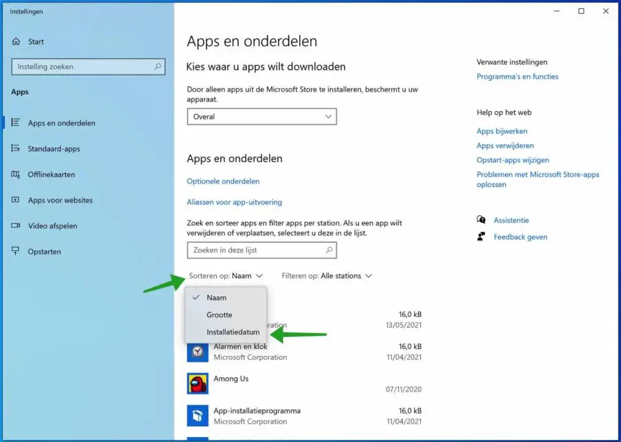 apps sorteren op installatiedatum