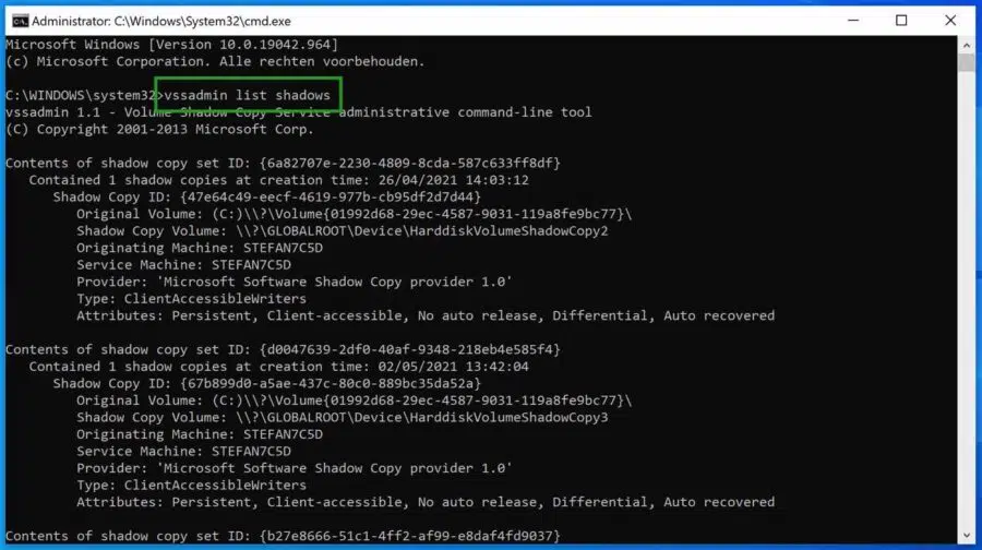 vssadmin list shadows