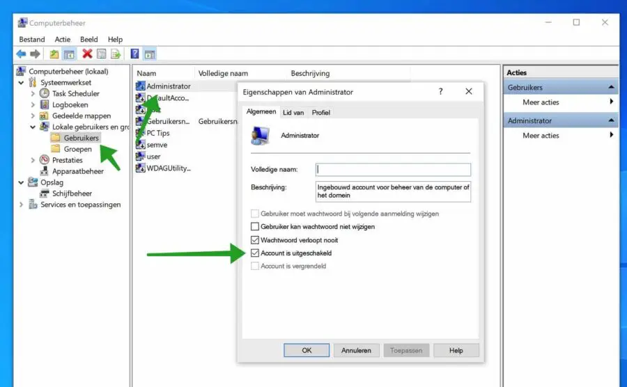 Administrator account inschakelen via computerbeheer